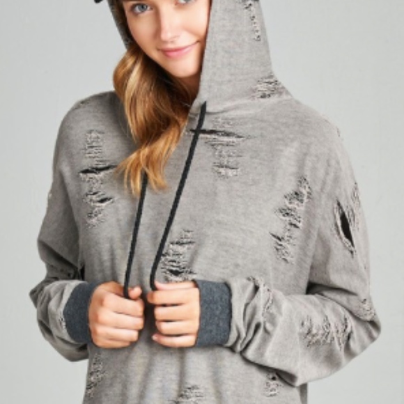 🆕 LAST 1: Long Grey Distressed Hoodie - Picture 2 of 4